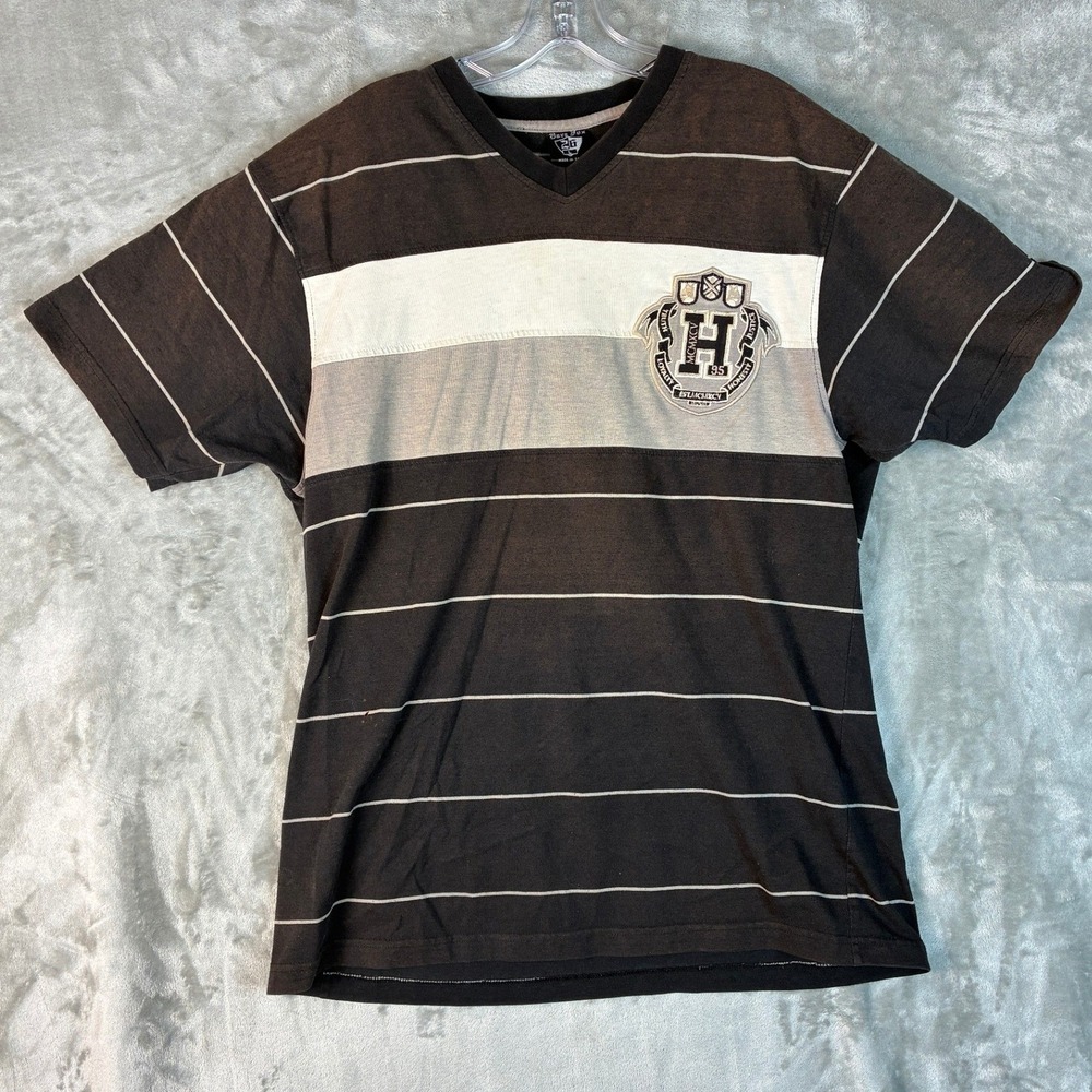 Bare Fox Mens V-Neck Striped Graphic T-Shirt Black Grey White Crest Size L